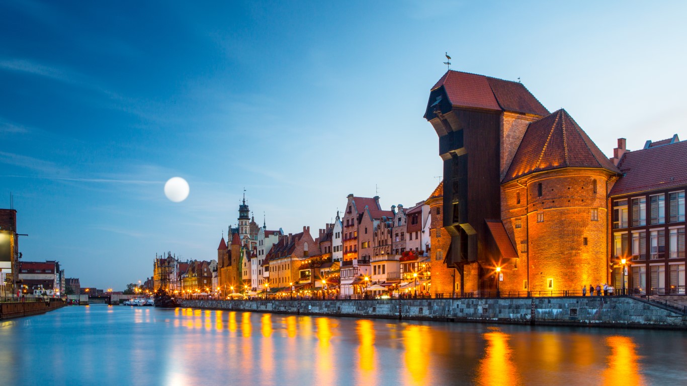 Harbor at Motlawa river with old town of Gdansk in Poland