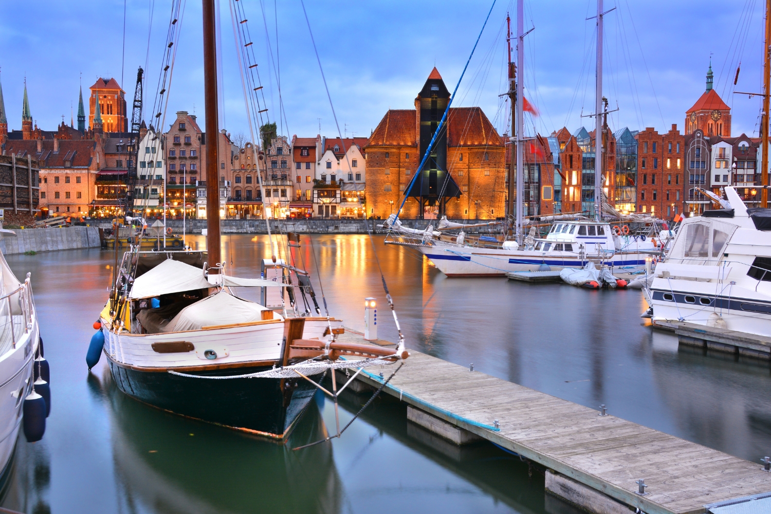Harbor at Motlawa river with old town of Gdansk in Poland